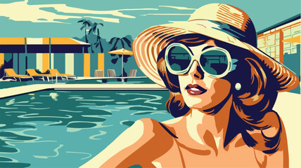 Girl sitting by the pool. Retro cartoon vector style. Woman in holiday wearing a bathing suite relaxing near the swimming pool. Summer paradise. Taking vacations in a resort. Beautiful relaxation art