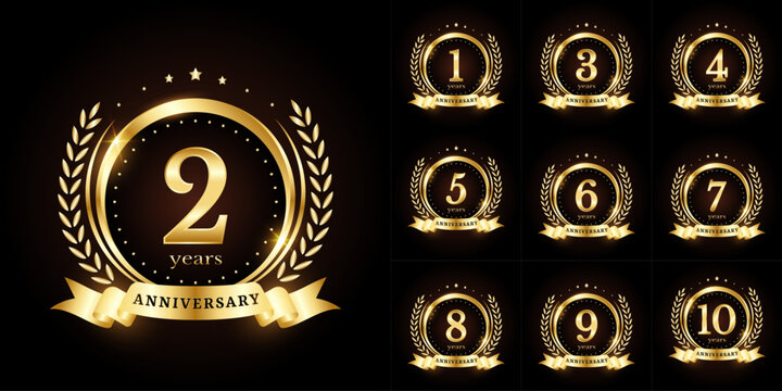 Anniversary golden luxury number emblem logo symbol vector graphic badge for a birthday, age, corporate business, wedding, certificate, year, event