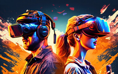 The digital community, cryptocurrency, and entertainment metaverse concept come to life as a male enjoys playing a game with VR virtual reality goggles in a 3D cyberspace environment, against a backdr