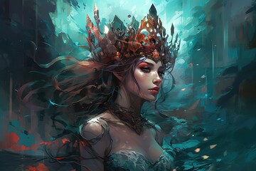 close up pretty woman wearing crown diving under water, Generative Ai