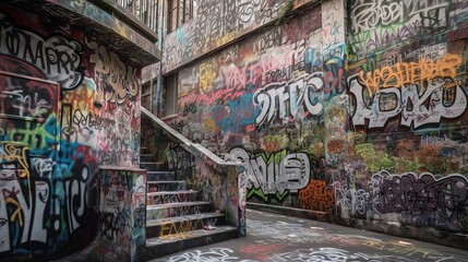 Fototapeta na wymiar ally way path in urban city full of graffiti messy doodle art on wall, Generative Ai