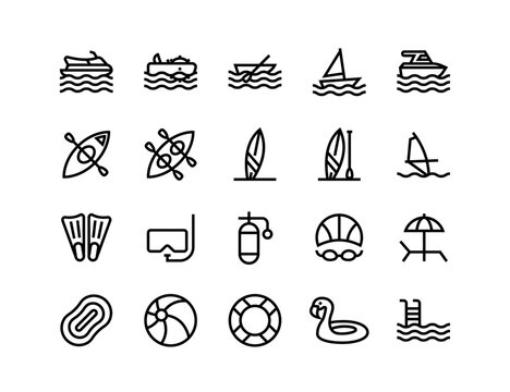 Water related activities icon set with adjustable line weight