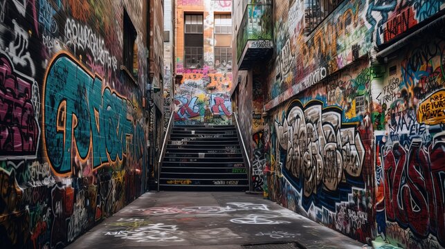 ally way path in urban city full of graffiti messy doodle art on wall, Generative Ai