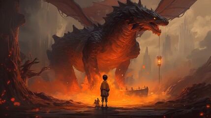 scary fairytale scene of a fire dragon invade village town, burnt down everything, a child facing giant dragon, Generative Ai
