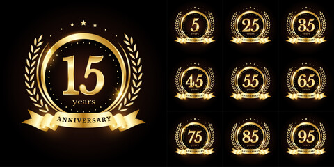 Anniversary golden luxury number emblem logo symbol vector graphic badge for a birthday, age, corporate business, wedding, certificate, year, event