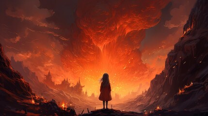 a girl standing in front of forest fire that burnt high to sky, firestorm , Generative Ai