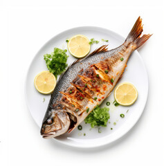 Grilled fish with lemon slices on a white background