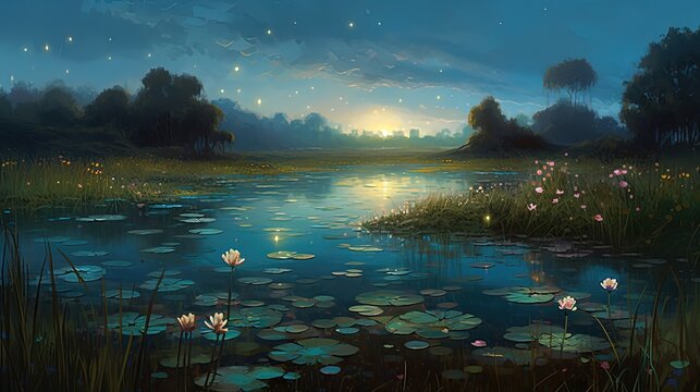 illustration painting style of beautiful tranquil lotus pond, Generative Ai