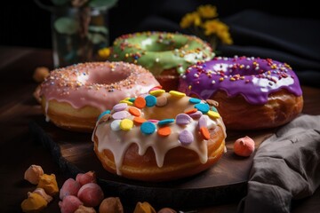 Obraz na płótnie Canvas Colorful Donuts Served on a Table Generative AI