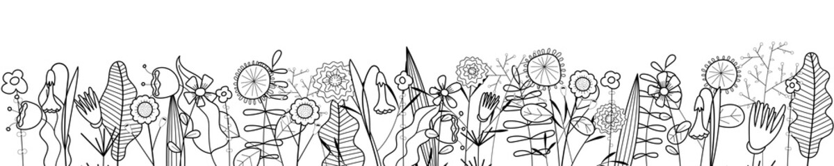 Flowers outline on white background. Hand drawn sketch wild blooms and herbs border. Delicate meadow linear flowers. Botanical abstracts frame base. Horizontal vector eps banner