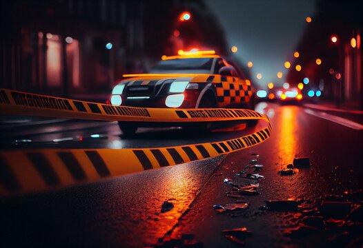 Late Evening, Night. Police Tape.  UK Traffic Police Responding To Road Traffic Accident. Emergency Flashing Lights. Generative AI