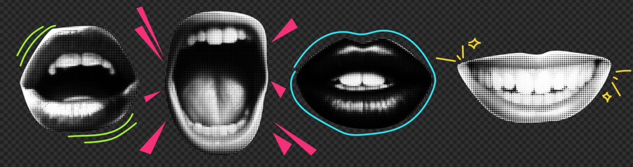 Collage element with mouth with tongue and doodle element. Vintage vector set. Retro halftone effect. - obrazy, fototapety, plakaty