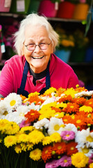 A delightful old lady with a smile , working as a florist, exudes joy as she nurtures her vivid summer blossoms in the heart of a bright, sunny day. Generative AI 