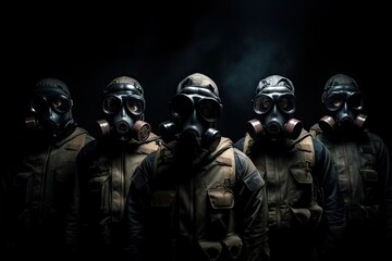 Protective Squad: Soldiers Wearing Gas Masks on a Black Battlefield. Generative AI