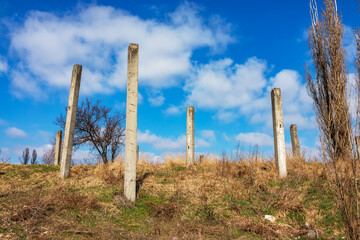 Fototapeta premium High iron concrete pillars in nature on a sunny day. Abandoned construction site. Unfinished house or other architectural structure