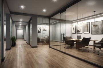 Modern office interior design . Contemporary workspace for creative business. Peculiar AI generative image