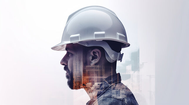 Double Exposure A Man In A Hard Hat, Illustration Digital Building Construction Engineering With Double Exposure Graphic Design. Building Engineers, Architect People Or Construction Workers Working