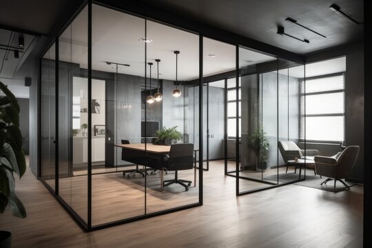 Modern office interior design . Contemporary workspace for creative business. Peculiar AI generative image