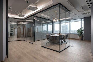 Modern office interior design . Contemporary workspace for creative business. Peculiar AI generative image