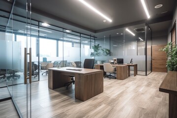 Modern office interior design . Contemporary workspace for creative business. Peculiar AI generative image