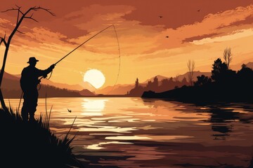 Silhouette of a fisherman fishing at sunset near the river. Generative ai.
