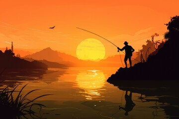 Silhouette of a fisherman fishing at sunset near the river. Generative ai.