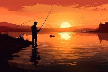 Silhouette of a fisherman fishing at sunset near the river. Generative ai.