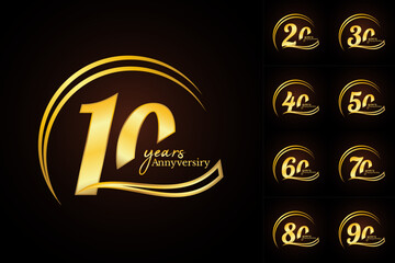 Anniversary golden luxury number emblem logo symbol vector graphic badge for a birthday, age, corporate business, wedding, certificate, year, event - obrazy, fototapety, plakaty