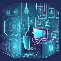 Illustration of a Hacker stealing sensitive data in a highly secured area