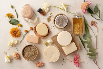Fototapeta na wymiar 100% Natural Beauty: Organic Cosmetic Products Handmade with Herbal Ingredients, Oils, and Floral Decor for an Eco-Friendly Spa Experience, Generative AI