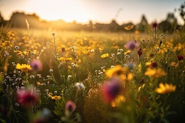 Obraz na płótnie Canvas A Beautiful Summer in Nature - Field of Wildflowers, Green Grass, and Sun Rays, Generative AI