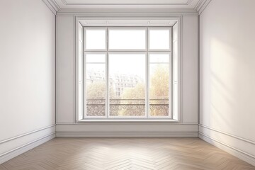 Blank Picture Frame Enhances Interior of Empty White Room with Window Mockup, Generative AI