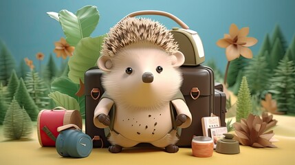 Cute Hedgehog Character On A Fun Journey: Traveler On A Hike With Accessories In A Horizontal Banner For Childhood Vacation, Generative AI