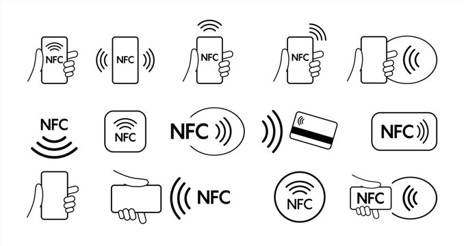 Set NFC wireless payment technology icon, contactless payment, credit card tap pay wave logo, near field communication sign, contactless pay pass fast payment symbol, smart key card contact nfc icon.