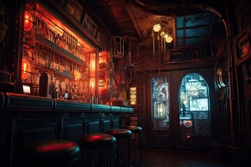 Vintage Machines Illuminate a Creative Fantasy Retro Bar: A Peek Inside the Cyberpunk Club's Steampunk Interior: Generative AI