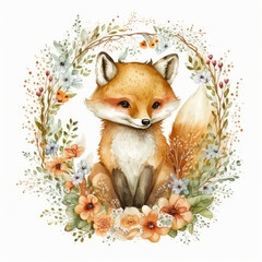 Cute watercolor fox. Illustration AI Generative