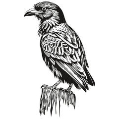 Raven  vintage illustration, black and white vector art corbie