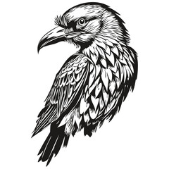 Raven logo, black and white illustration hand drawing corbie