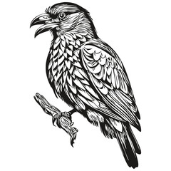 Raven logo, black and white illustration hand drawing corbie