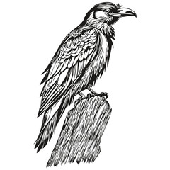 Raven sketches, outline with transparent background, hand drawn illustration corbie