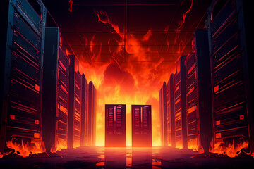 Short circuit in data center server, explosion and fire.
Concept of cyber security and cloud computing.