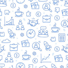 Business job icon doodle seamless pattern background. Business teamwork, office, career concept doodle line sketch style pattern with money, rocket, calculator element. Vector illustration