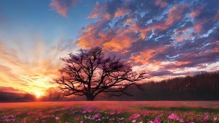 Naklejka na ściany i meble Colorful Spring Sunrise on Meadow