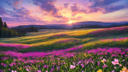Fototapeta na wymiar Colorful Spring Sunrise on Meadow