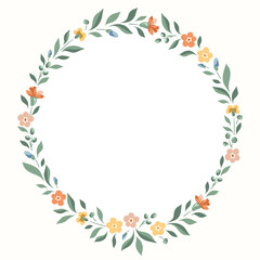 Delicate Chintz Romantic Meadow Wildflowers Vector Round Frame. Cottagecore Garden Flowers and Foliage Wedding Invitation. Homestead Bouquet. Farmhouse Background