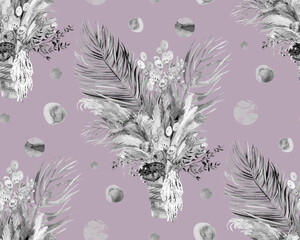 Seamless watercolor black and white pattern with graceful herbs and flowers with leaves for textile