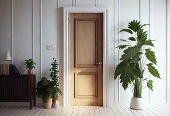 Wooden door, white empty space, and indoor plants. Scandinavian style in decorating. Generative AI