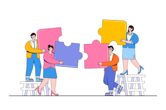 Business teamwork together people connect jigsaw puzzle elements and search for ideas. Outline design style minimal vector illustration for landing page, web banner, infographics, hero images