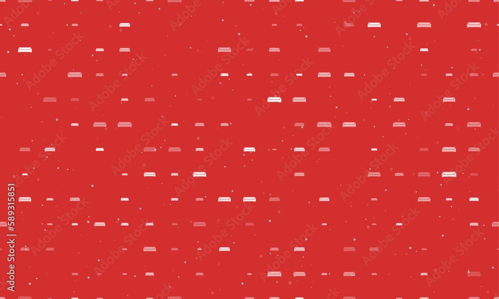 Poster Seamless background pattern of evenly spaced white sofa symbols of different sizes and opacity. Vector illustration on red background with stars