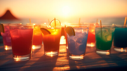 Summer cocktails on luxury tropical beach resort at sunset. Exotic summer drinks cocktails. Youth and summer vacation concept. Party, Vacations, summer holidays, summertime. Generative AI